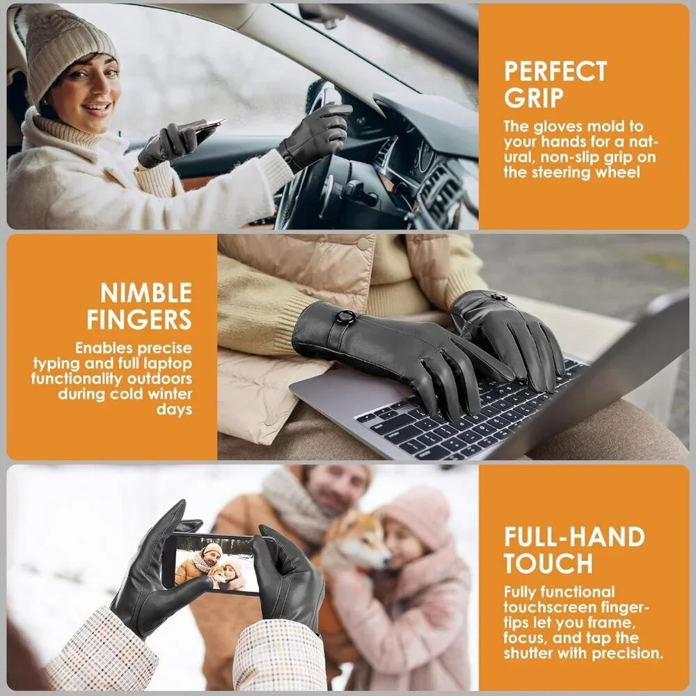 Women's Gray Lambskin Leather Gloves Warm Touchscreen Winter Driving Gift